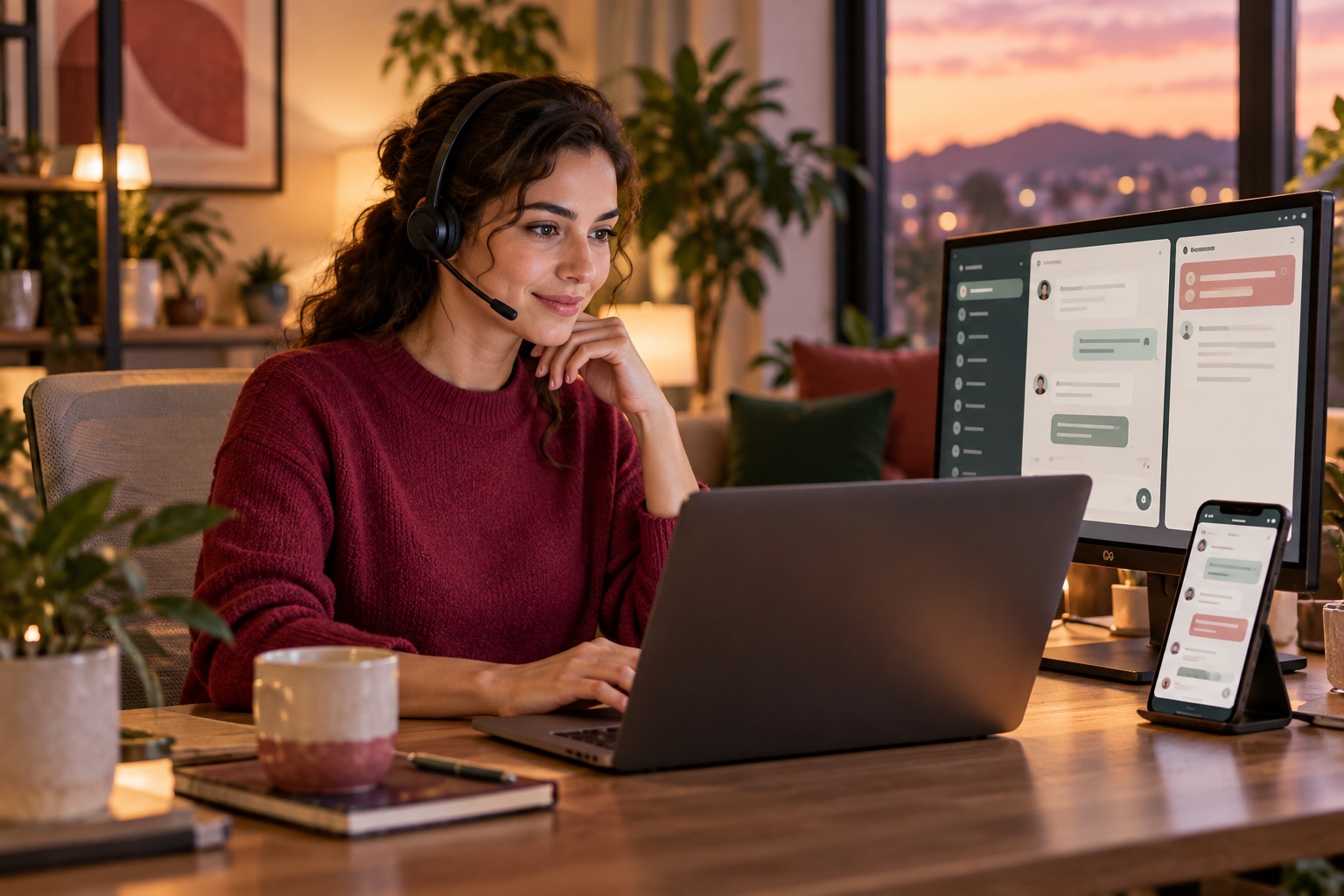 Operatrice supervisiona un assistente AI attivo su computer e smartphone.