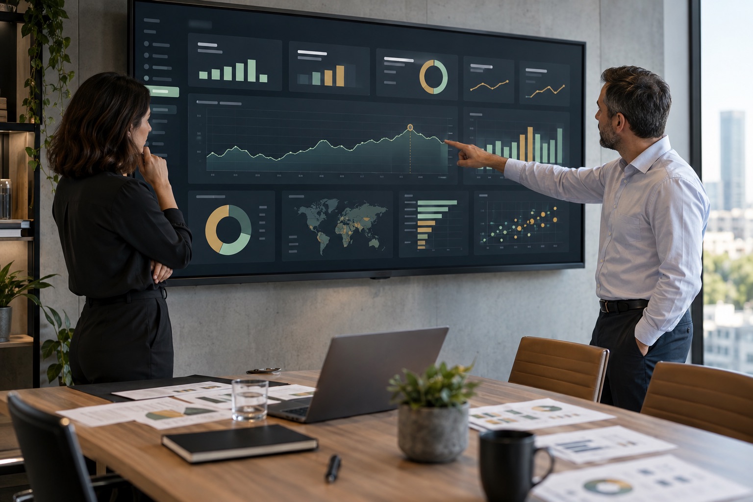 Professionisti analizzano KPI e tendenze su una dashboard amministrativa.