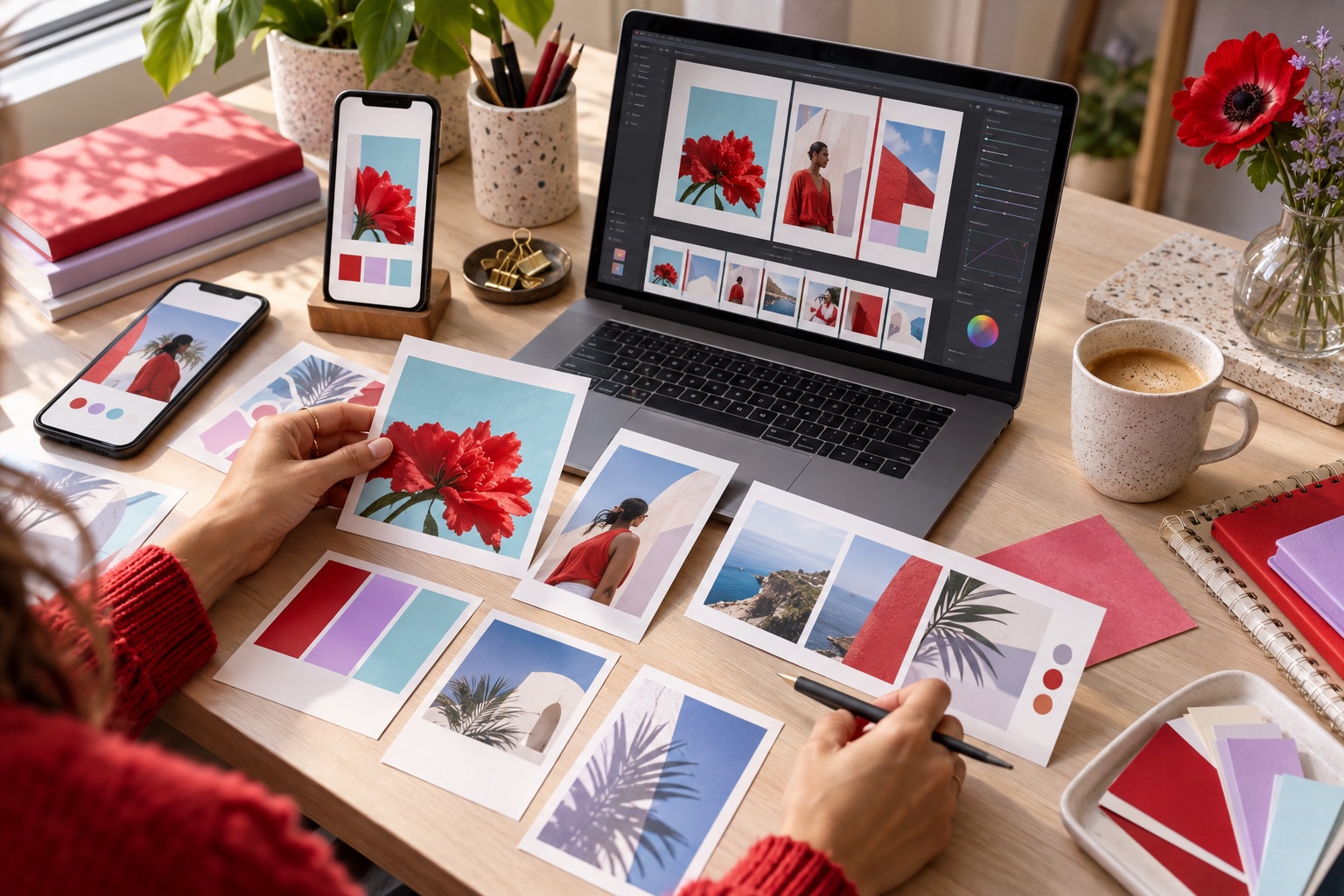 Designer crea grafiche coordinate per post, storie e caroselli social.