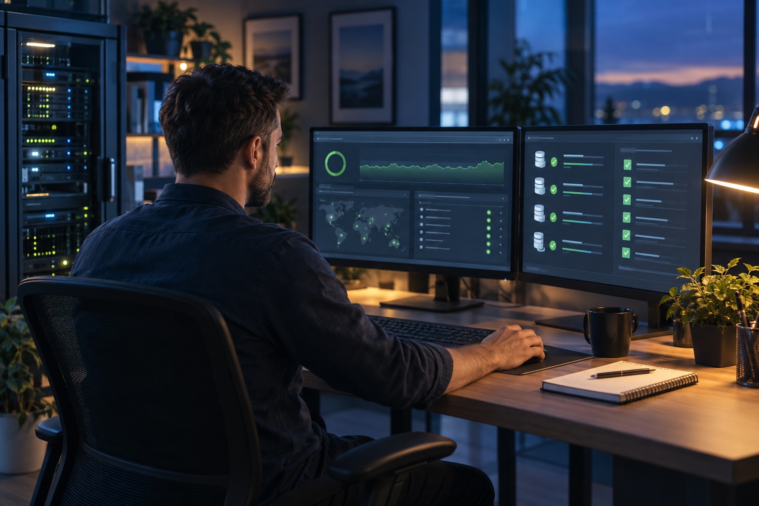 Tecnico controlla uptime, backup e aggiornamenti di siti web gestiti.