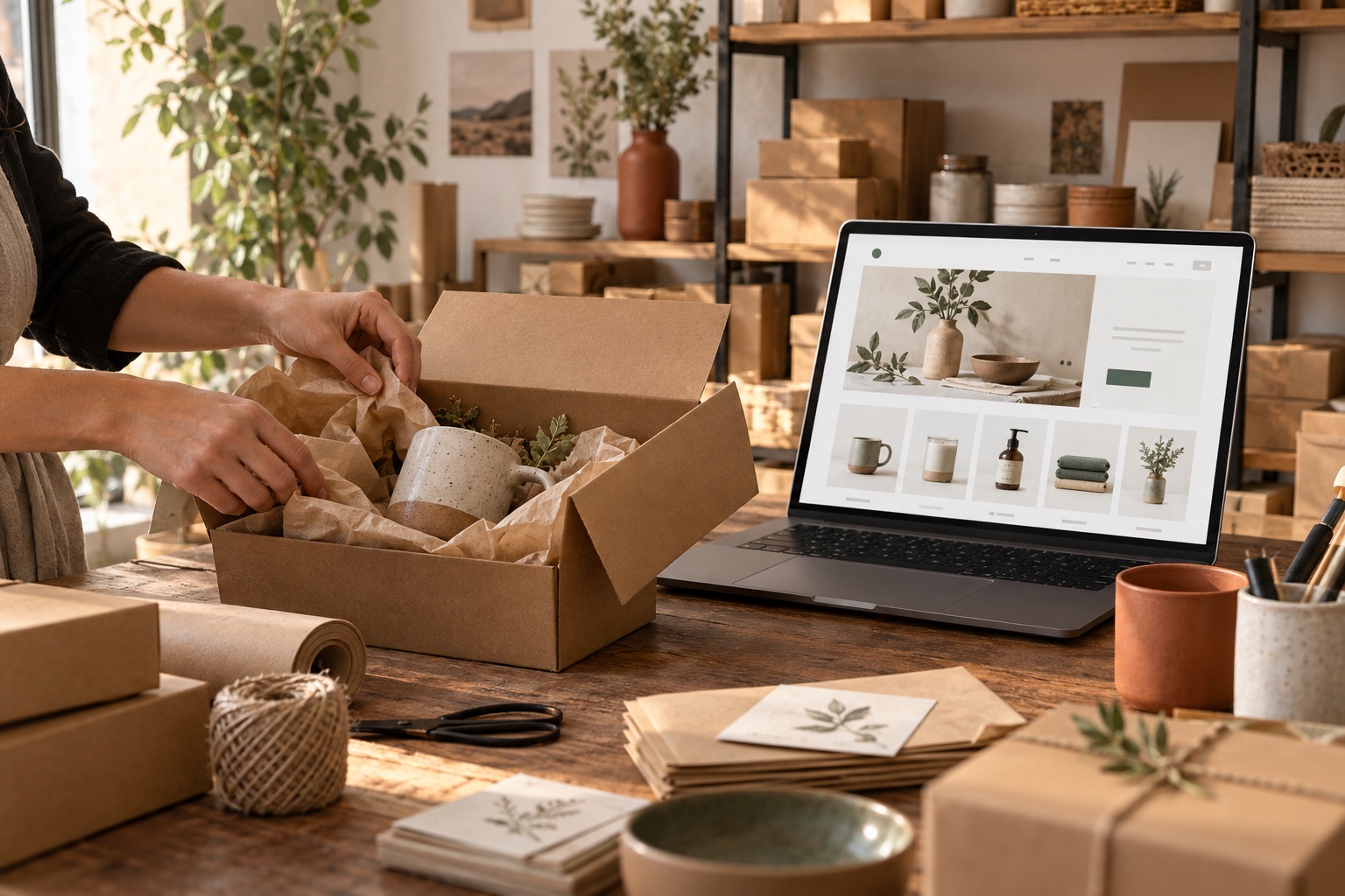 Ordine e-commerce preparato accanto a un negozio online aperto su laptop.