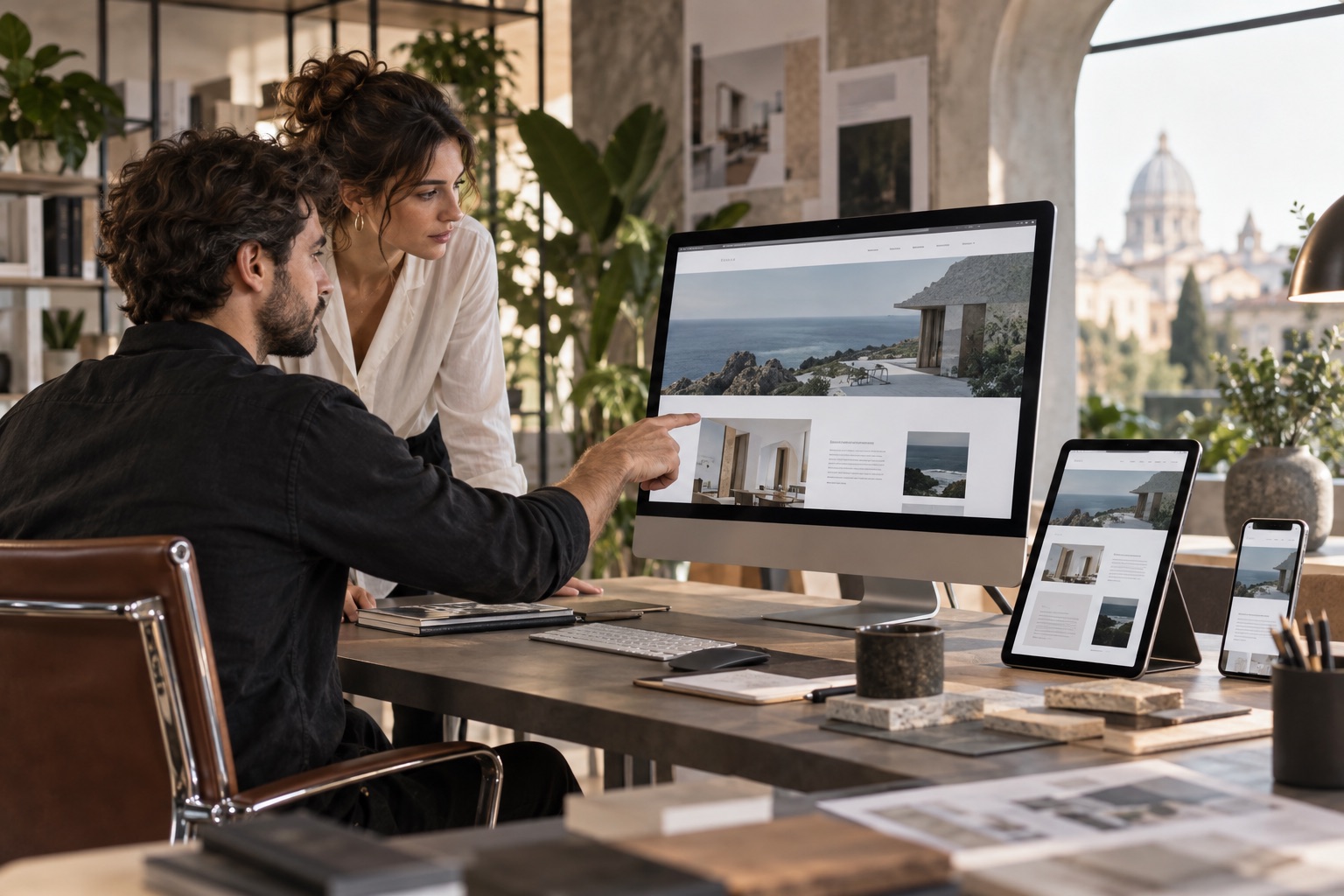 Team web che verifica un sito professionale su computer, tablet e smartphone.