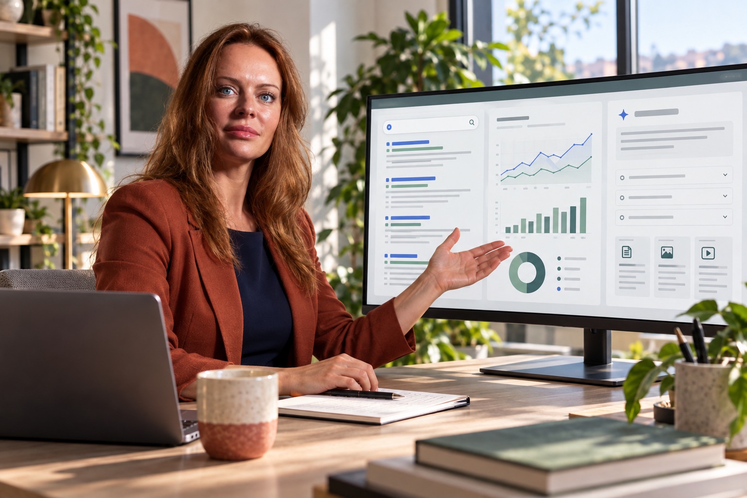 Elena Oanca presenta un audit SEO e AEO con risultati di ricerca, dati e risposte strutturate.
