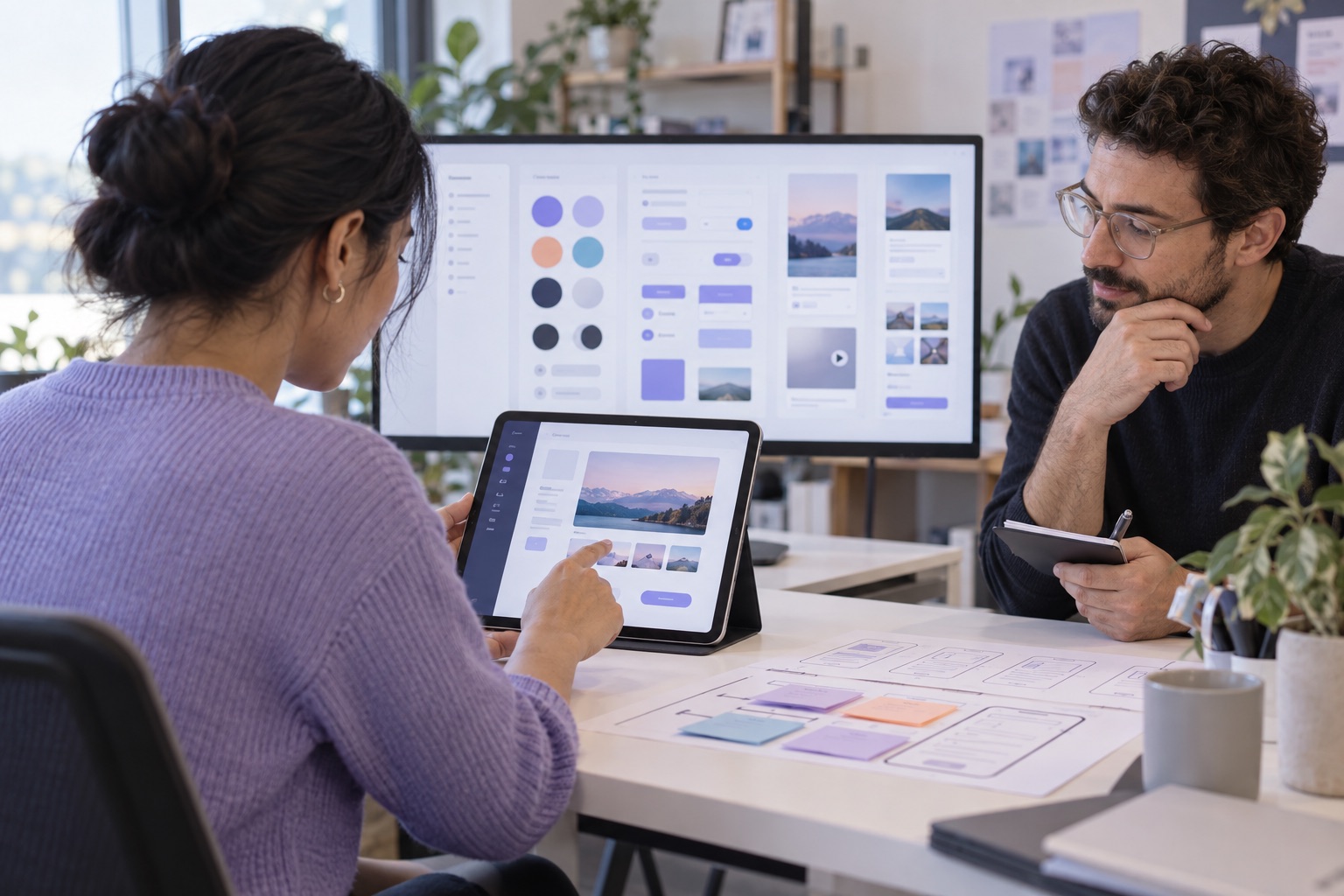 Sessione di UX design con prototipo su tablet e componenti di interfaccia.